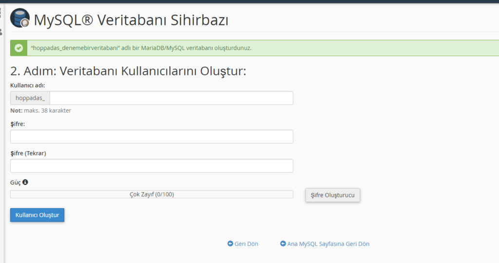cpanel ile wordpress için veri tabanı kurmak - adım 3